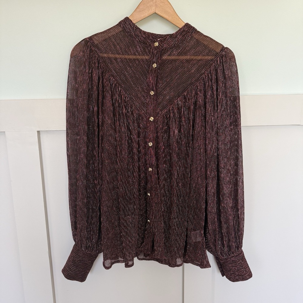 Tallulah Sheer Button‎ Blouse Top LARGE Shimmer Party Balloon Sleeve Romantic